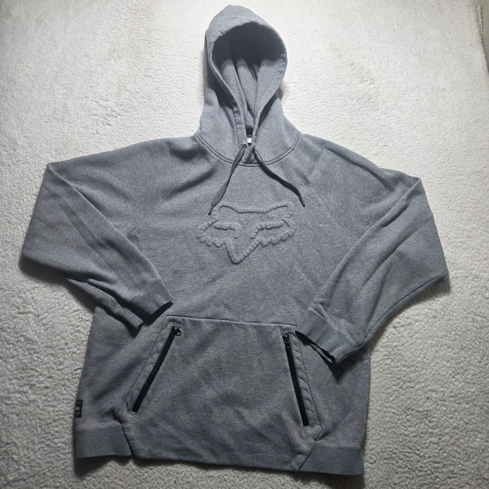 Y2KFox Racing Hoodie Men XL Gray Embossed Logo Zipper Pockets Moto puff logo